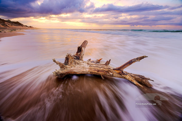 Sunrise drama on a Frisco beach — stormy skies building above the horizon as seafoam squirrels around the base of driftwood, caught in the quiet of the morning tide.