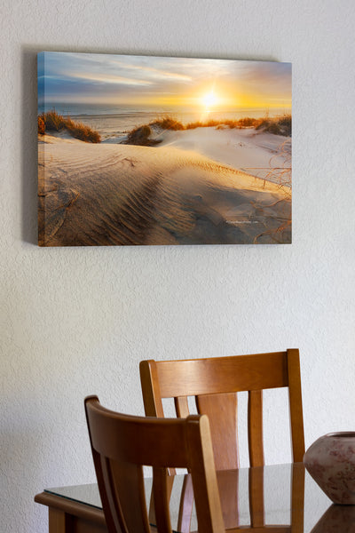 Sunrise through the mist on a winters morning at Oregon Inlet Campground Cape Hatteras National Seashore, Outer Banks of North Carolina.