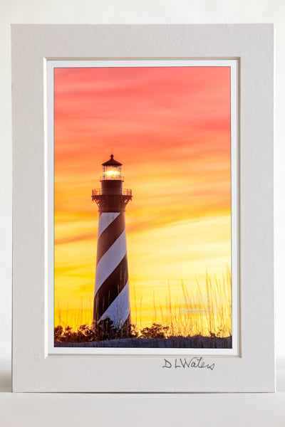 4 x 6 luster print in a 5 x 7 ivory mat of Sunset sky at Cape Hatteras Lighthouse on the Outer Banks of NC.