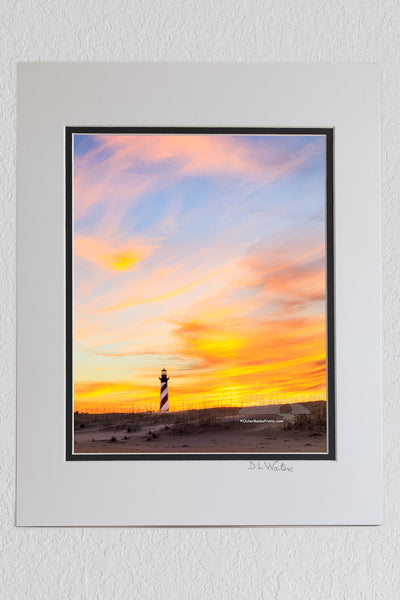 8 x 10 luster print in a 11 x 14 ivory and black double mat of Sunset sky at Cape Hatteras Lighthouse on the Outer Banks of NC.