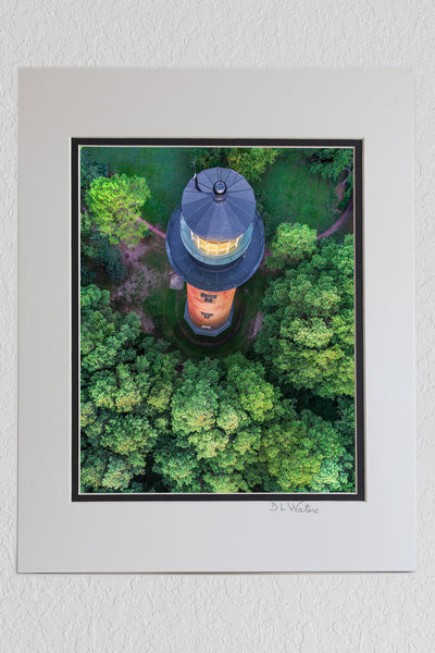 8 x 10 luster print in a 11 x 14 ivory and black double mat of Currituck Beach Lighthouse photographed from above at sunrise on the Outer Banks of NC.