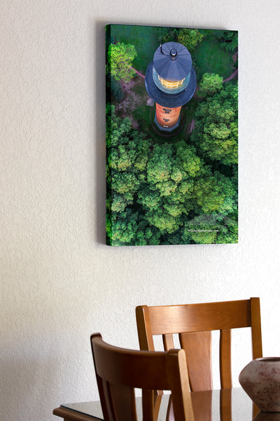 20"x30" x1.5" stretched canvas print hanging in the dining room of Currituck Beach Lighthouse photographed from above at sunrise on the Outer Banks of NC.