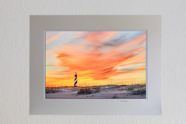 13 x 19 luster print in 18 x 24 ivory mat of Sunset sky at Cape Hatteras Lighthouse on the Outer Banks of NC.