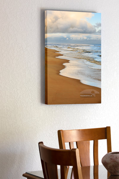 20"x30" x1.5" stretched canvas print hanging in the dining room of Nags Head beach at sunrise on the Outer Banks.