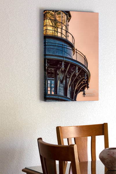 20"x30" x1.5" stretched canvas print hanging in the dining room of A close-up stylized photo of Bodie Island Lighthouse's Fresnel lens on the Outer Banks of North Carolina.