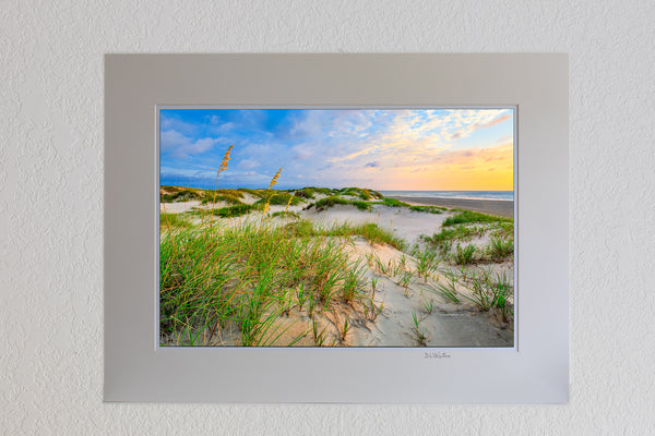 13 x 19 luster print in 18 x 24 ivory mat of Calm sunrise in the sand dunes at Corolla on the Outer Banks of NC.