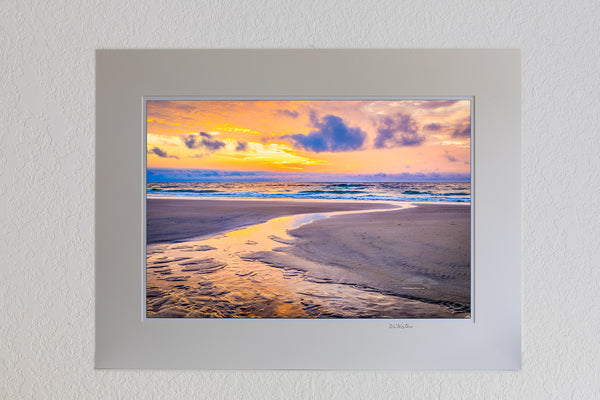 13 x 19 luster print in 18 x 24 ivory mat of Tidepool emptying into the Atlantic Ocean at sunrise in Corolla on the Outer Banks of NC.