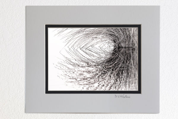 5x7 Luster Print in a 8x10 ivory and black double mat of B & W photo of marsh grass reflection on the sound side of the outer Banks of NC.