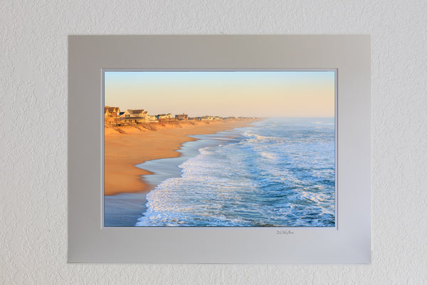 13 x 19 luster print in 18 x 24 ivory mat of Empty beach photographed from Kitty Hawk Fishing Pier on the Outer Banks of NC.