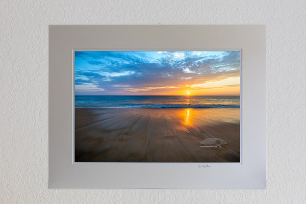 13 x 19 luster print in 18 x 24 ivory mat of Sunrise sand pattern created by the wave action at Coquina Beach on the Outer Banks, NC.