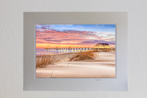 13 x 19 luster print in 18 x 24 ivory mat of Early morning sunrise at Jenette's fishing pier in Nags Head North Carolina.