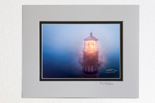 5 x 7 luster prints in a 8 x 10 ivory and black double mat of  Aerial view of Currituck Beach Lighthouse in the fog at Corolla on the Outer Banks of NC.
