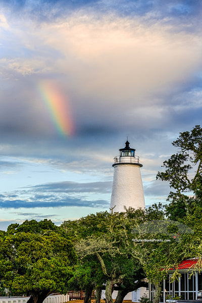 Ocracoke Lighthouse and a rainbow as the morning storm clears.