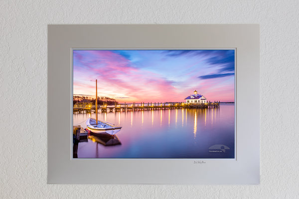 13 x 19 luster print in 18 x 24 ivory mat of Roanoke Marshes Lighthouse and Shallowbag Bay at sunrise in Manteo on the Outer Banks of NC.
