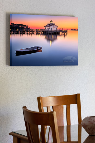 20"x30" x1.5" stretched canvas print hanging in the dining room of Roanoke Marshes Lighthouse On the waterfront of Manteo,NC, the Roanoke Marshes Light is a reconstruction of the square cottage-style screw-pile lighthouse which stood at the southern entrance to Croatan Sound, near Wanchese.