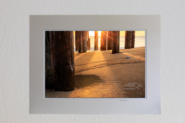 13 x 19 luster print in 18 x 24 ivory mat of Under the Kitty Hawk Fishing Pier at sunrise on the Outer Banks of NC.