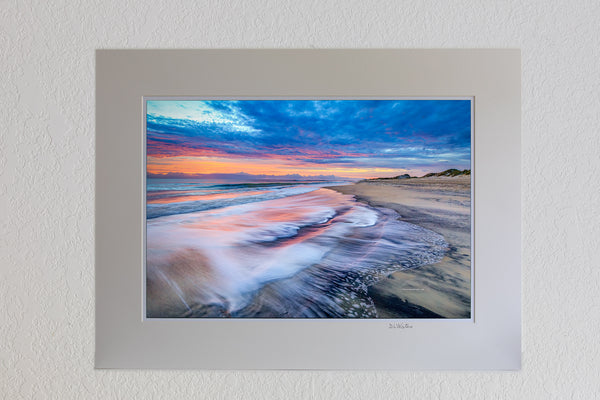 13 x 19 luster print in 18 x 24 ivory mat of Colorful sunrise over surf at Coquina Beach in Cape Hatteras National Seashore on the Outer Banks of NC.
