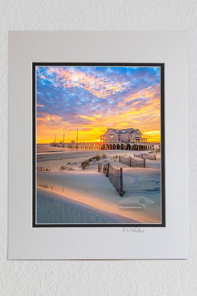 8 x 10 luster print in a 11 x 14 ivory and black double mat of Sand dunes and sand fence at sunrise at Jennette's Pier in Nags Head on the Outer Banks of NC.