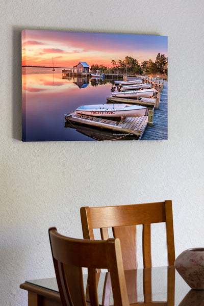 20"x30" x1.5" stretched canvas print hanging in the dining room of Sunrise at Shallow Bag Bay waterfront in Manteo on the Outer Banks of NC.