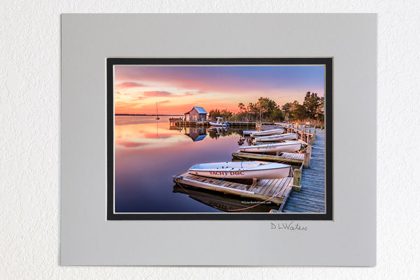 5 x 7 luster prints in a 8 x 10 ivory and black double mat of  Sunrise at Shallow Bag Bay waterfront in Manteo on the Outer Banks of NC.