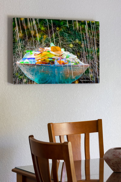 20"x30" x1.5" stretched canvas print hanging in the dining room of This beach glass was found on the beaches of the Outer Banks. It is just a small part of our collection. Broken bottles are smoothed and tumbled by the surf and sand before it becomes sea glass. I photographed this in my backyard using an oscillating sprinkler.The slow shutter speed and back light made of the sprinkler look like raindrops.