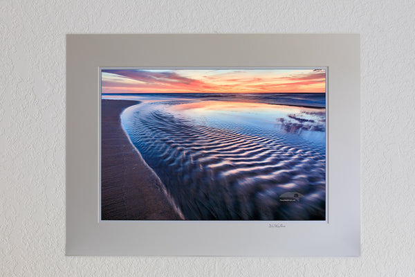13 x 19 luster print in 18 x 24 ivory mat of Sea water from a tie pool flowing back into the ocean just before sunrise at a Corolla beach on the Outer Banks of NC.