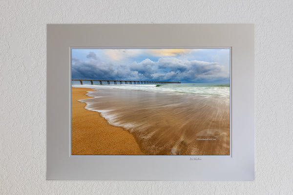 13 x 19 luster print in 18 x 24 ivory mat of Surf and the Army Corps of Engineers Research Pier in Duck NC at sunrise.
