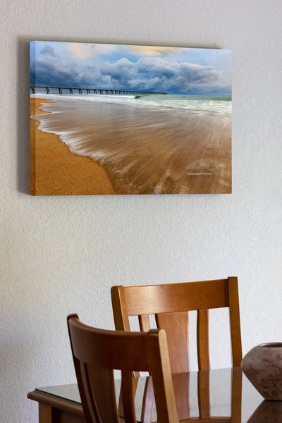 20"x30" x1.5" stretched canvas print hanging in the dining room of Surf and the Army Corps of Engineers Research Pier in Duck NC at sunrise.