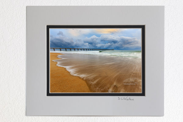 5 x 7 luster prints in a 8 x 10 ivory and black double mat of Surf and the Army Corps of Engineers Research Pier in Duck NC at sunrise.