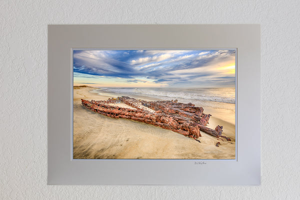 13 x 19 luster print in 18 x 24 ivory mat of The G. A. Kohler shipwreck found on a Hatteras Island beach near Avon North Carolina.