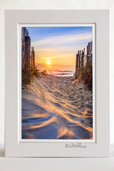 4 x 6 luster print in a 5 x 7 ivory mat of  Kitty Hawk beach access at sunrise on the Outer Banks, NC. It's interesting how the sunlight plays across the foot prints in the sand.