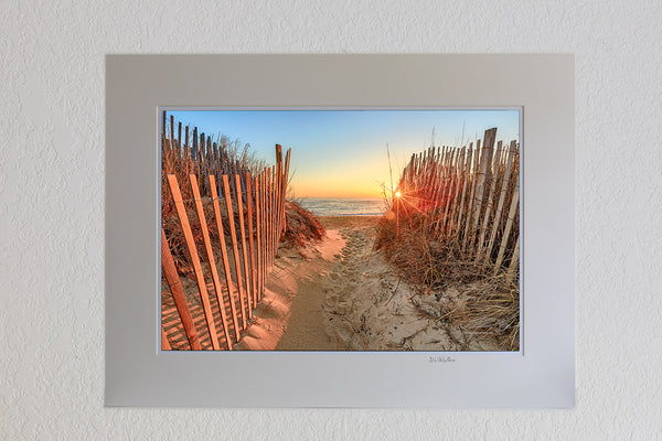 13 x 19 luster print in 18 x 24 ivory mat of Sunrise over the Atlantic Ocean at Kitty Hawk Beach on the Outer Banks of NC.