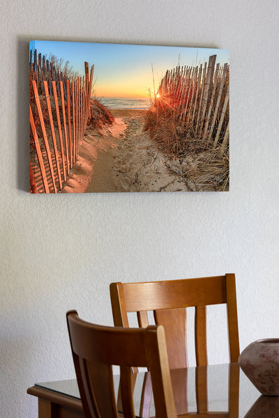 20"x30" x1.5" stretched canvas print hanging in the dining room of Sunrise over the Atlantic Ocean at Kitty Hawk Beach on the Outer Banks of NC.