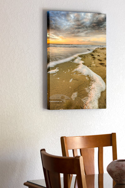 20"x30" x1.5" stretched canvas print hanging in the dining room of Cloudy sunrise at Carova Beach on the northern Outer Banks.