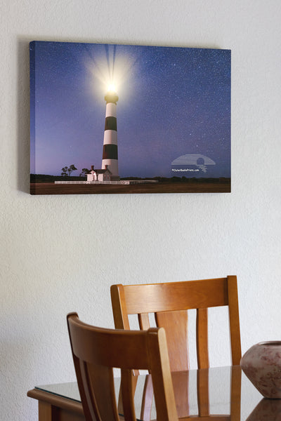 Beneath a sky scattered with stars, the Bodie Island Lighthouse casts its light across Cape Hatteras National Seashore on the Outer Banks of North Carolina.

Fun Facts About Bodie Island Lighthouse
Light Visibility
The lighthouse’s powerful first-order Fresnel lens projects its beam up to 19 nautical miles (about 22 miles) out to sea on a clear night—making it a vital navigational aid along the “Graveyard of the Atlantic.

Flash Pattern
Its light has a distinctive flashing sequence: 2.5 seconds on, 2.5 seco
