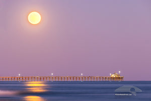 Hunters moon rising over Cherry Grove pier in North Myrtle Beach, South Carolina