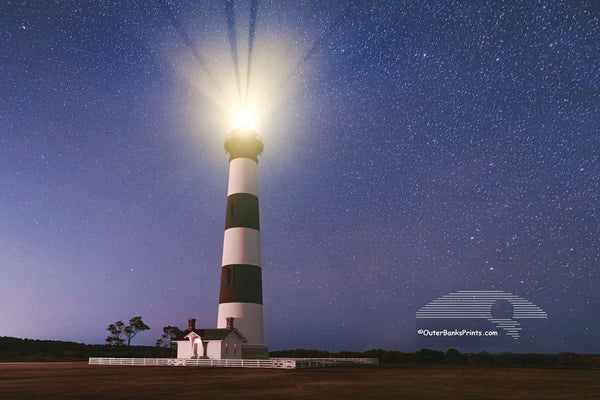 Beneath a sky scattered with stars, the Bodie Island Lighthouse casts its light across Cape Hatteras National Seashore on the Outer Banks of North Carolina.

Fun Facts About Bodie Island Lighthouse
Light Visibility
The lighthouse’s powerful first-order Fresnel lens projects its beam up to 19 nautical miles (about 22 miles) out to sea on a clear night—making it a vital navigational aid along the “Graveyard of the Atlantic.

Flash Pattern
Its light has a distinctive flashing sequence: 2.5 seconds on, 2.5 seco
