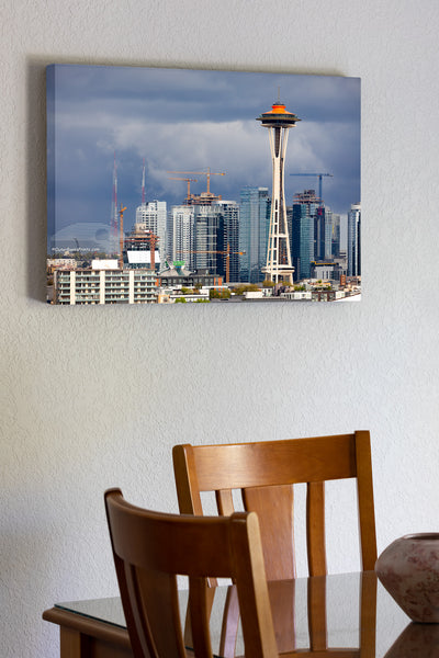 Seattle space needle stands out from the construction of Seattle's skyline.