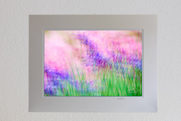 13 x 19 luster print in 18 x 24 ivory ￼￼mat of Multiple exposures of purple irises and pink azaleas leaves the viewer with an impression of a flower garden.