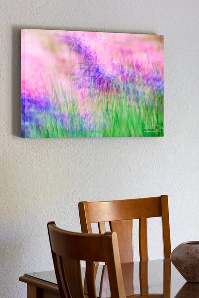 20"x30" x1.5" stretched canvas print hanging in the dining room of Multiple exposures of purple irises and pink azaleas leaves the viewer with an impression of a flower garden.
