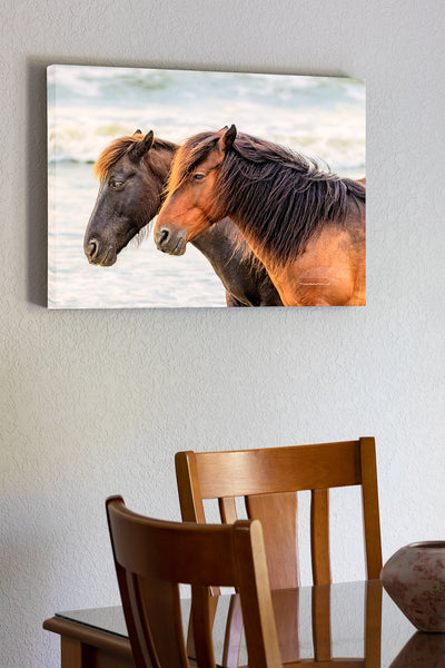20"x30" x1.5" stretched canvas print hanging in the dining room of Two wild horses at a Corolla beach on the Outer Banks of NC.