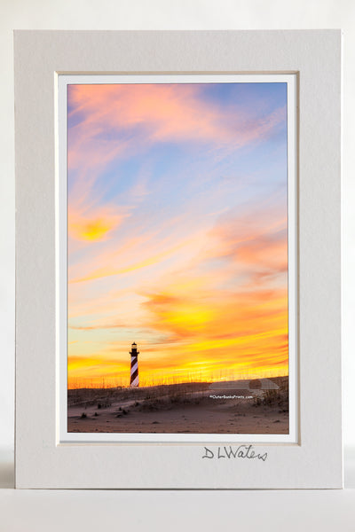 4 x 6 luster print in a 5 x 7 ivory mat of Sunset sky at Cape Hatteras Lighthouse on the Outer Banks of NC.