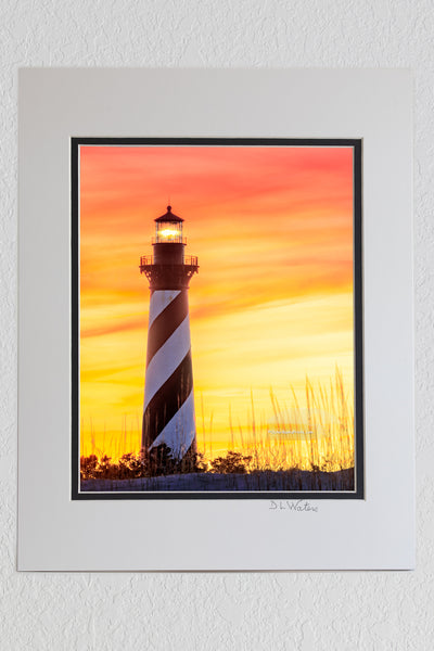 8 x 10 luster print in a 11 x 14 ivory and black double mat of Sunset sky at Cape Hatteras Lighthouse on the Outer Banks of NC.