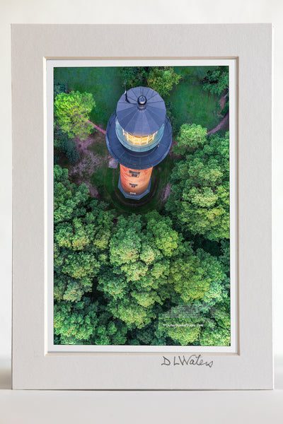 4 x 6 luster print in a 5 x 7 ivory mat of Currituck Beach Lighthouse photographed from above at sunrise on the Outer Banks of NC.
