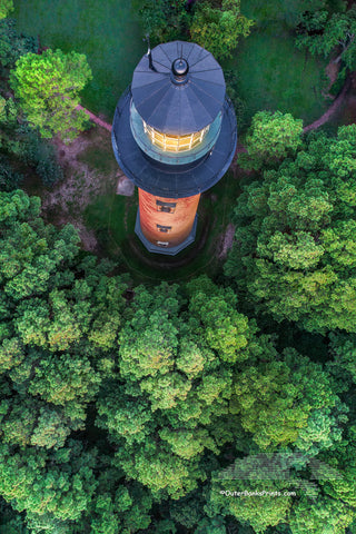 Currituck Beach Lighthouse photographed from above at sunrise on the Outer Banks of NC.