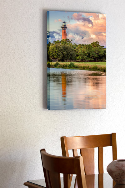 20"x30" x1.5" stretched canvas print hanging in the dining room of A beautiful afternoon that the Corolla NC lighthouse on the Outer Banks.