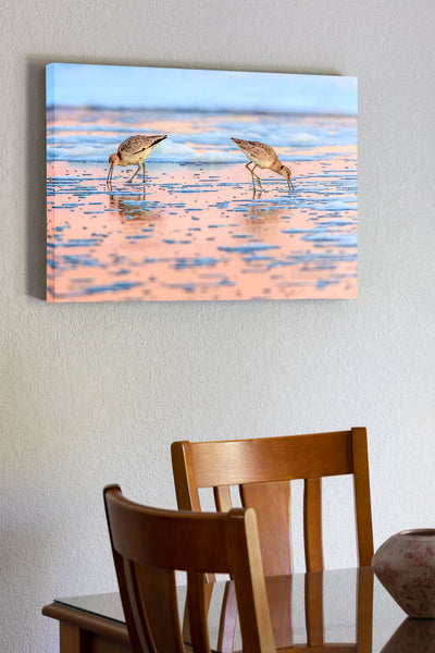 20"x30" x1.5" stretched canvas print hanging in the dining room of Two Willits back to back searching for food at sunrise on a Nags Head beach at the Outer Banks, NC.