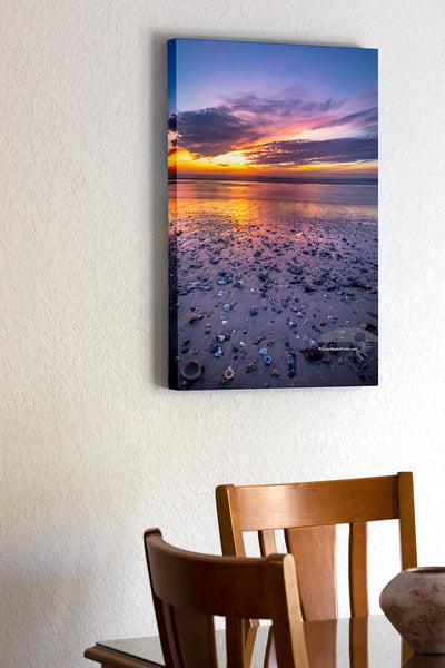 20"x30" x1.5" stretched canvas print hanging in the dining room of Shell shards washed up on the high tide at Corolla, NC Outer Banks beach sunrise.