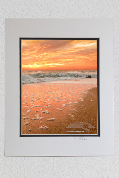 8 x 10 luster print in a 11 x 14 ivory and black double mat of Sunrise over the Atlantic Ocean on the NC coast.