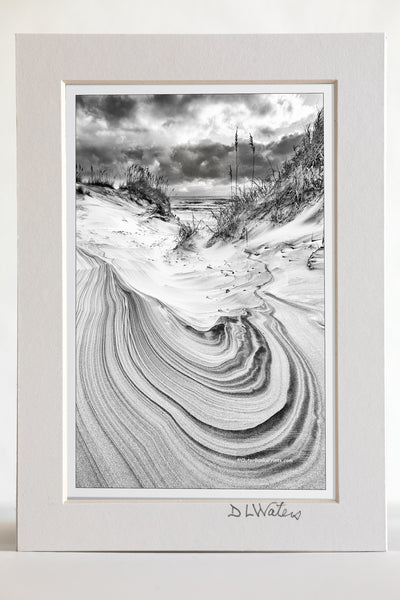 4 x 6 luster print in a 5 x 7 ivory mat of Black and white sand dune and sky in Corolla on the Outer Banks of North Carolina.